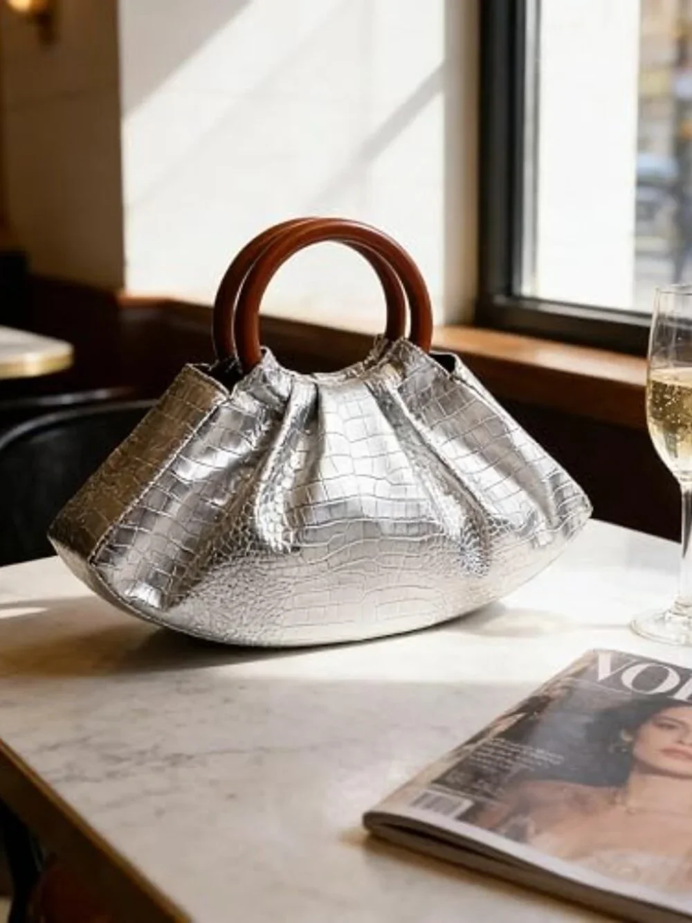 Neiman Marcus Ruched Croco Silver Puffy PU Leather Handbag